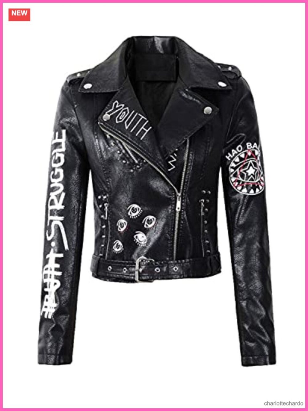 Faux Leather Punk Biker Moto Jacket Belted Slim Zip Moto